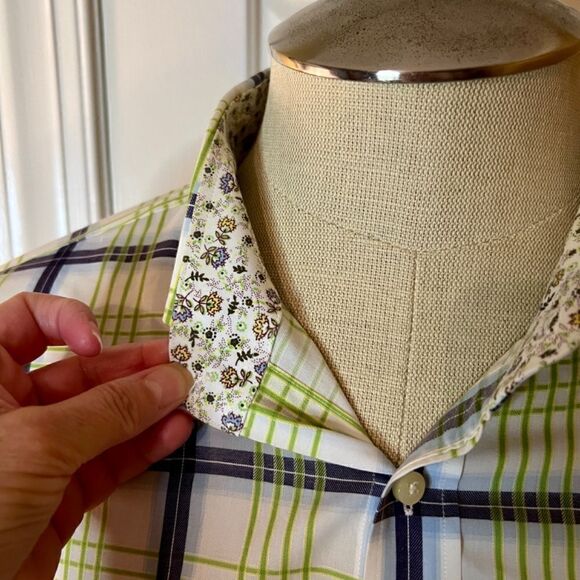 NWOT Thomas Dean‎ White Navy Green Blue Plaid Shirt w/ Floral Flip Cuff Size XL - Picture 4 of 6